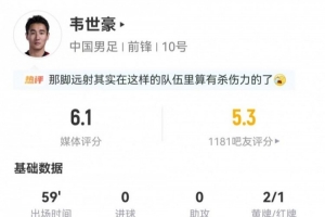 韦世豪表现盘点：射门1次命中，传球准确率达八成，却丢球7次且遭遇红牌处罚
