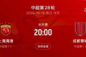 蓉城队迎来第5次夺冠机会，今晚20时客场挑战海港，一平即可锁定中超桂冠！